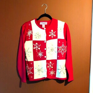 Vintage - Ugly Red and White Snowflake Christmas Cardigan